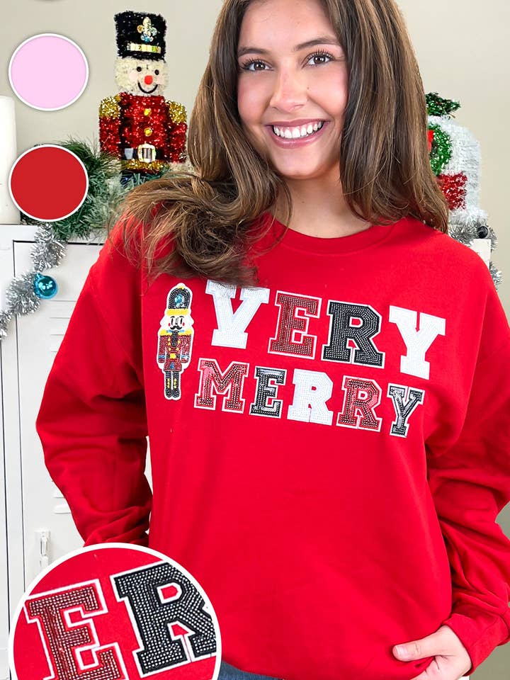 Very Merry Nutcracker Sequin Christmas Graphic Sweatshirt for wholesale by Sugar Stitch
