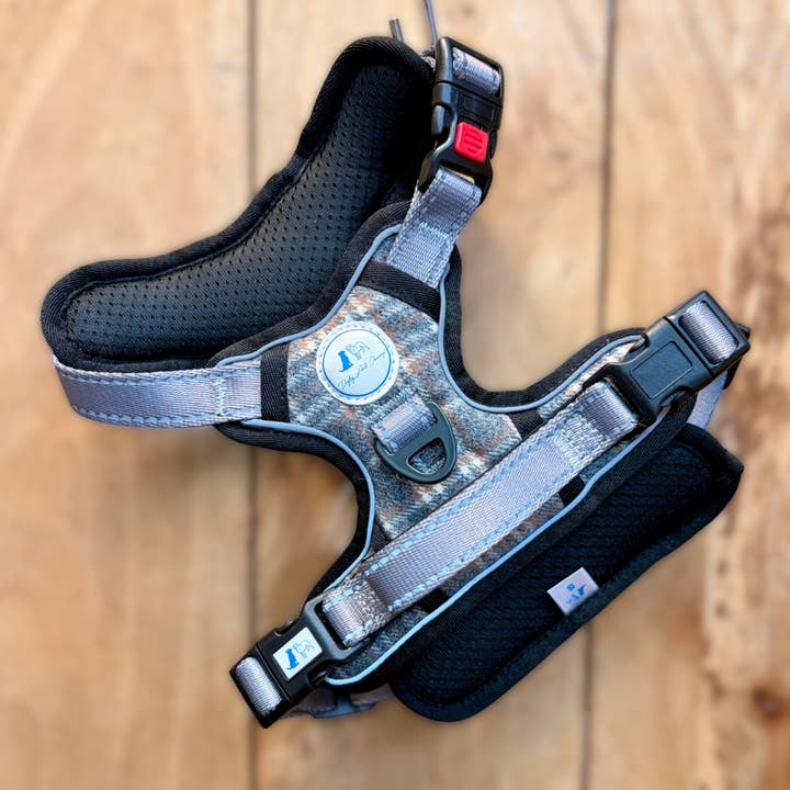 Grey Tartan Padded Dog Harness for wholesale by Digby and Champ