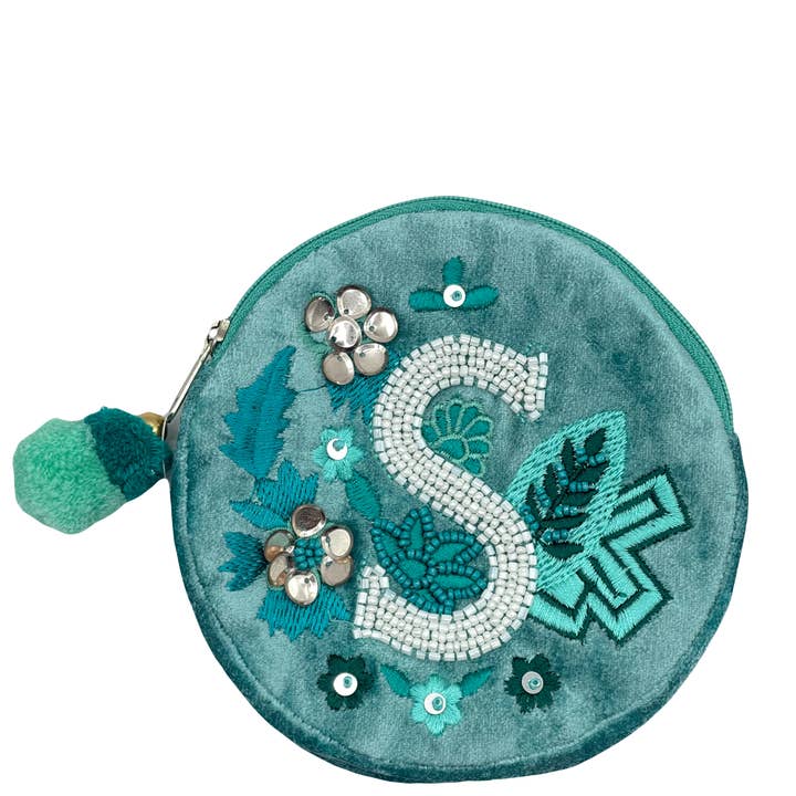 "S'" TEAL VELVET BEADED POUCH for wholesale by Pizzazz, Inc.