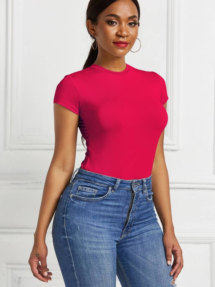 NINEXIS - Wholesale Bodysuit - Women's - CWSBSS0036_SOLID COLOR ROUND NECK SHORT SLEEVE BODYSUIT12