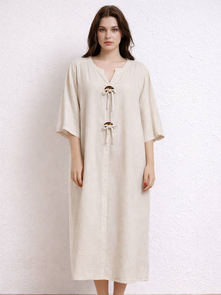 Vestido midi relajado de mezcla de lino con cuello en forma de V para venta al por mayor de Lucy Sparks