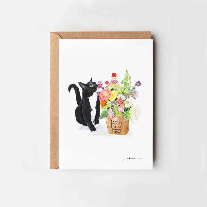 Tuxedo Cat Floral Greeting Card for wholesale by Creative Leaf