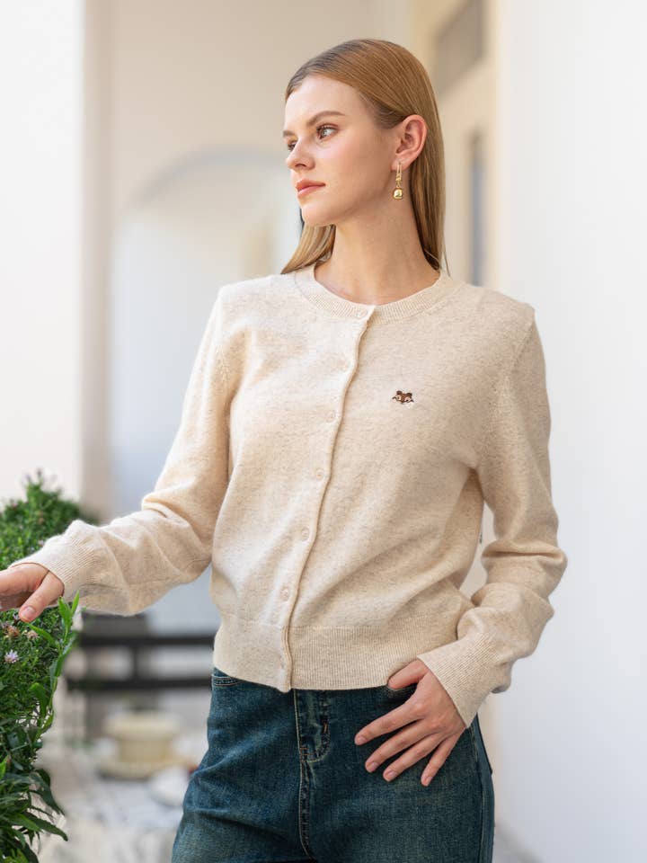 ROSIE POSIE - Wholesale Cardigan - Women's - 100% Wool Beige Cardigan with Squirrel Motif