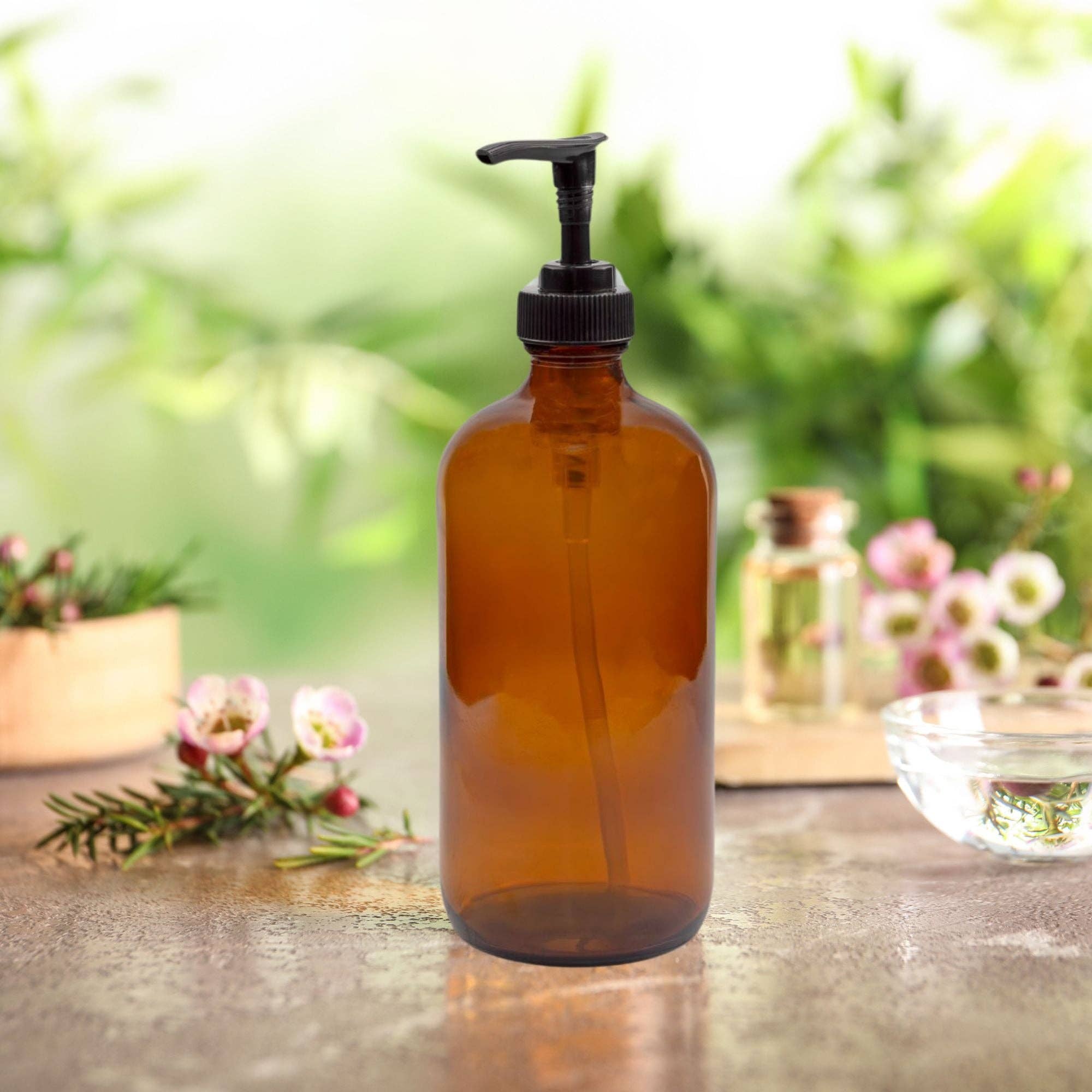 Kurated Korner - Wholesale Soap Dispenser - Cornucopia 4oz Amber Glass Pump Bottles (4-Pack)7