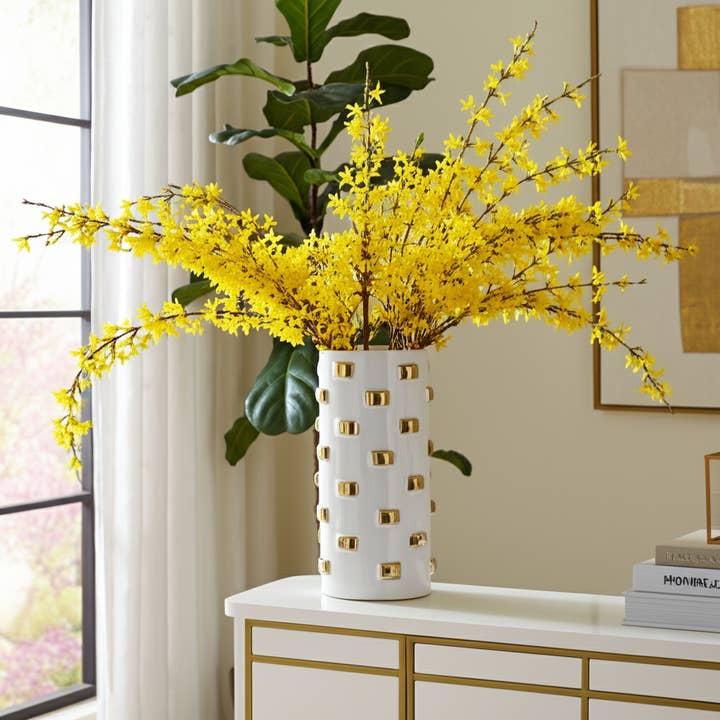 Vase - White/Gold Ceramic Raised Rectangular Stud, 15 in. for wholesale by Sagebrook Home