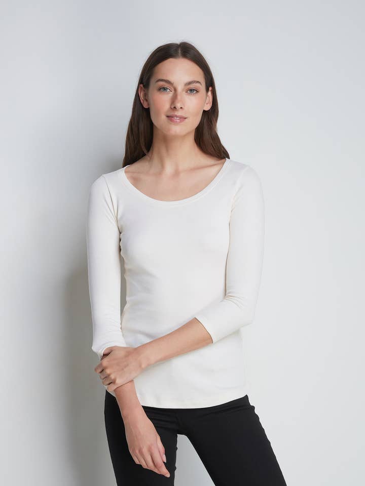 Camiseta de mezcla modal de algodón con cuello redondo y manga 3/4 para venta al por mayor de Lavender Hill