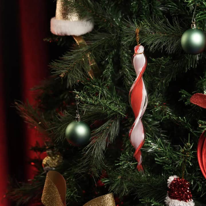 ANATOLIACRAFT – wholesale Christmas decoration – Hand-Blown Twisted Glass Tree Decoration – Red & White Candy Swirl Icicle Ornament