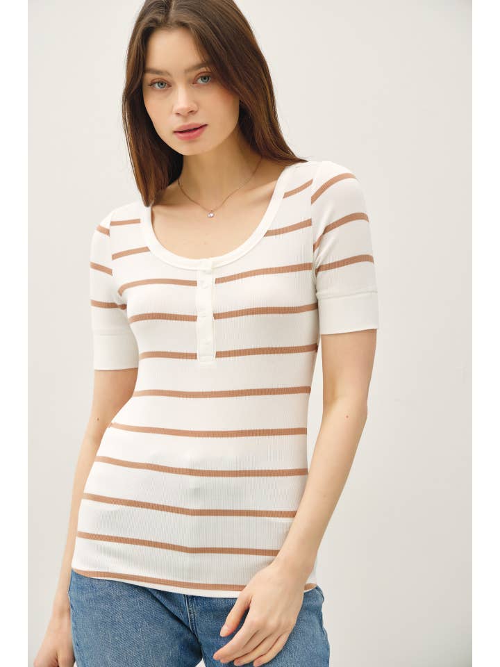 Be Cool - Wholesale Knit Top - Women's - CLASSIC RIBBED STRIPED HENLEY NECK SHORT SLV TOP