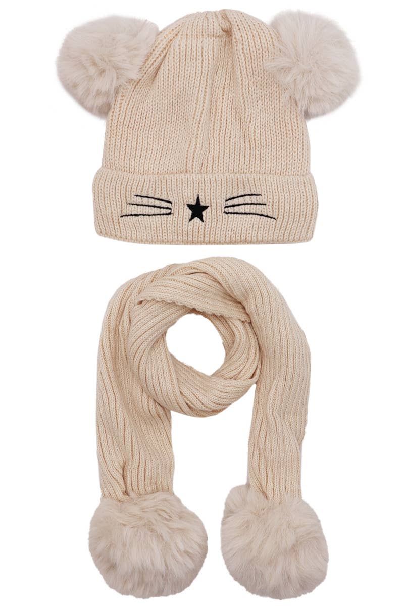 Cap Zone - Wholesale Beanie - Kids - Kids 2 Piece Kitty Cat Whiskers Pom Pom Beanie Scarf Set2