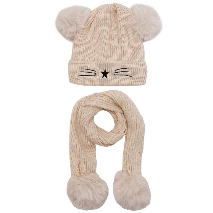 Cap Zone - Wholesale Beanie - Kids - Kids 2 Piece Kitty Cat Whiskers Pom Pom Beanie Scarf Set2
