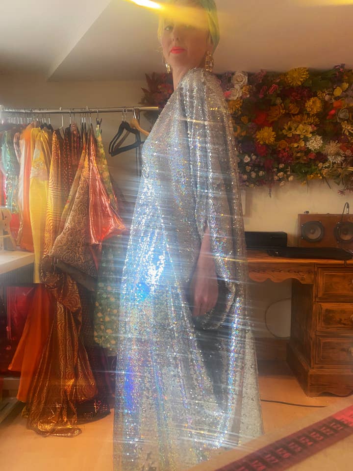 Fumbalinas - Wholesale Kaftan - Women's - Silver Metallic Holographic/ Sequin Kaftan Gown / Dress40