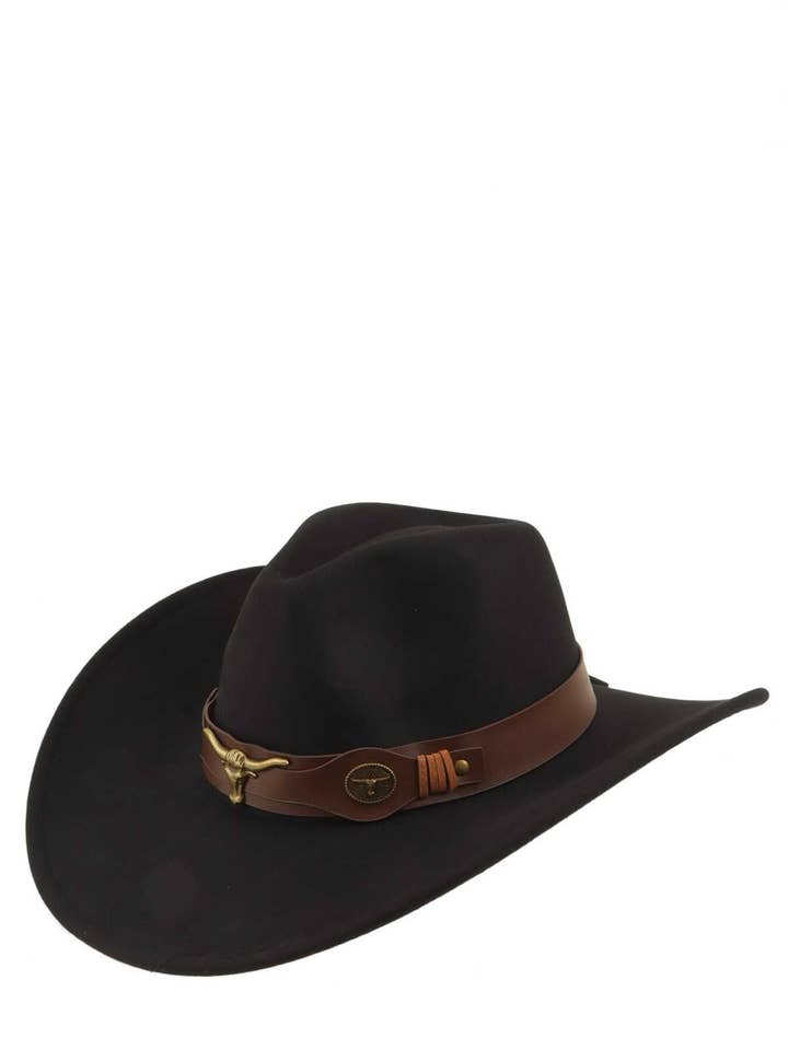 Metal Bull Accent Fedora Faux Suede Cowboy Hat for wholesale by Shop Neighbors