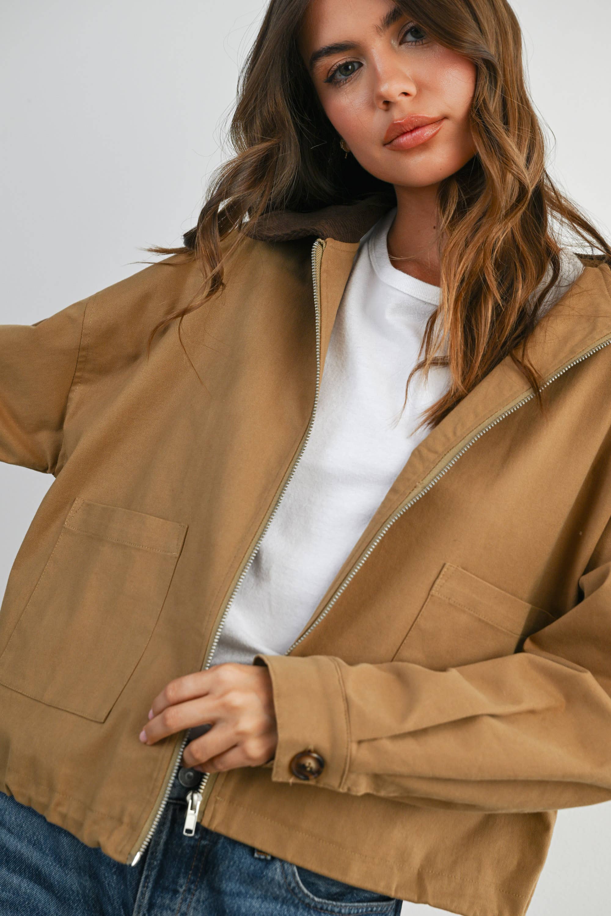 BUTTERMELON - Wholesale Jacket - Women's - Collared Zip-Up Drawstring Jacket - BMJ78254