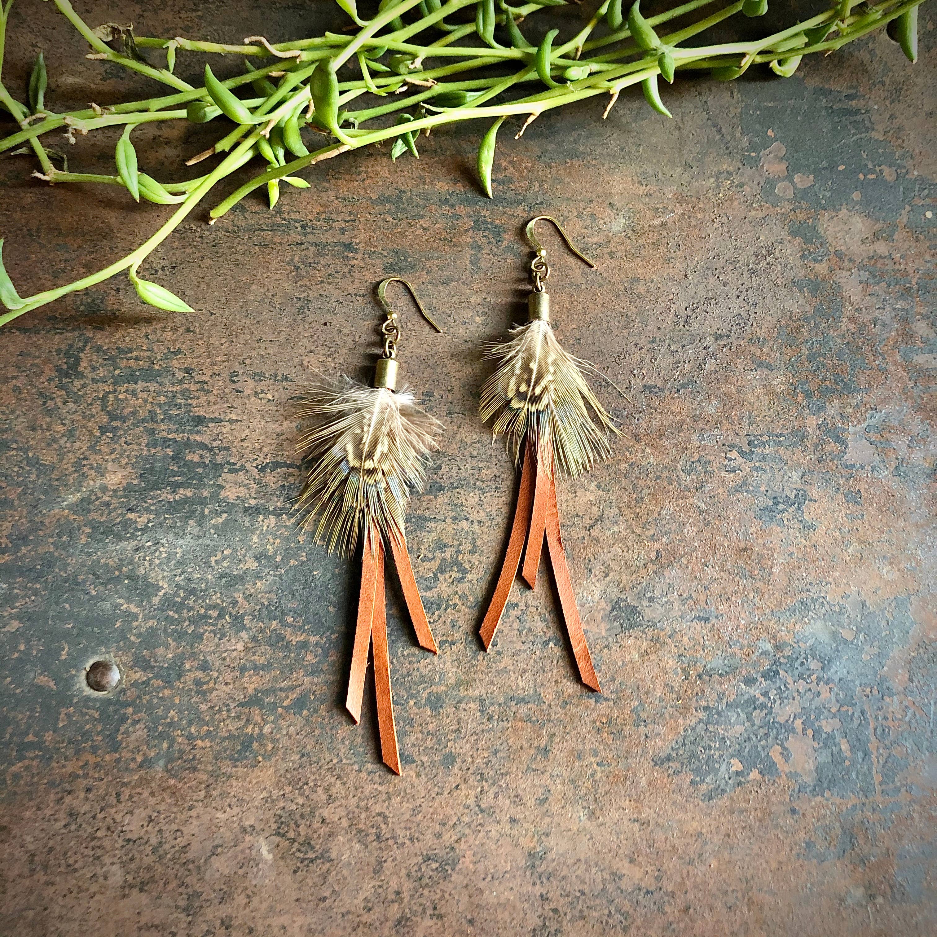 ASTALI – wholesale Tassel earrings – Feather Mini Earrings - Rust Leather & Pheasant Feathers10