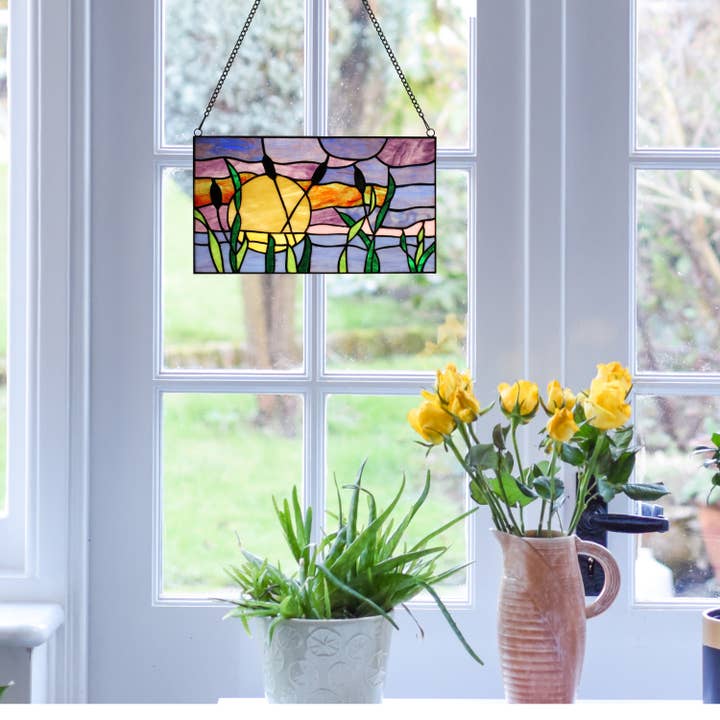 River of Goods - Wholesale Suncatcher - 8.25"H Purple Cattails at Sunset Stained Glass Window Panel