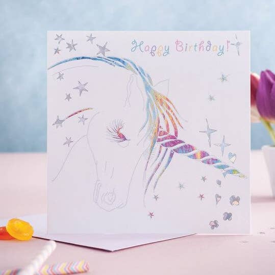 Einhorn-Geburtstags-Grußkarte | Regenbogen, Mädchen, Pony für den Großhandel von Deckled Edge Ltd