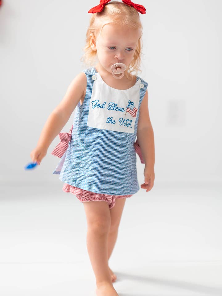 Posh Pickle - Wholesale Top & Short Set - Kids - God Bless The USA Popover Split Side Embroidered Top & Bloomer Set