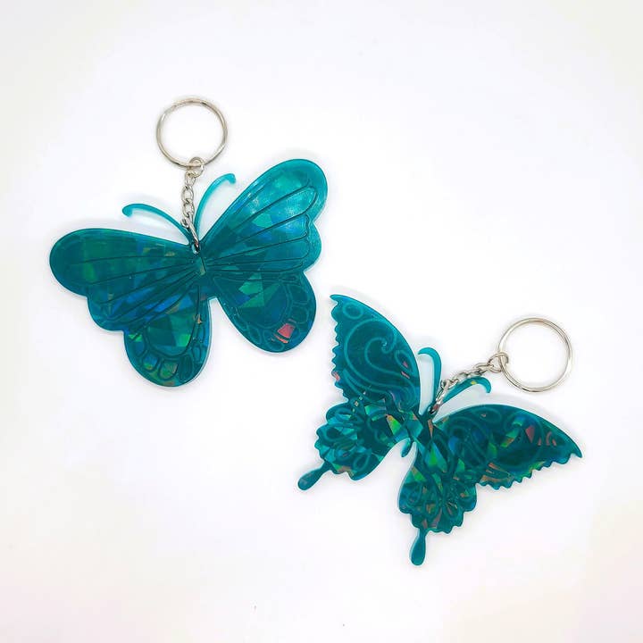 Holographic Eco-Friendly Epoxy Resin Butterfly Key Chain for wholesale by Slightly Askew Art