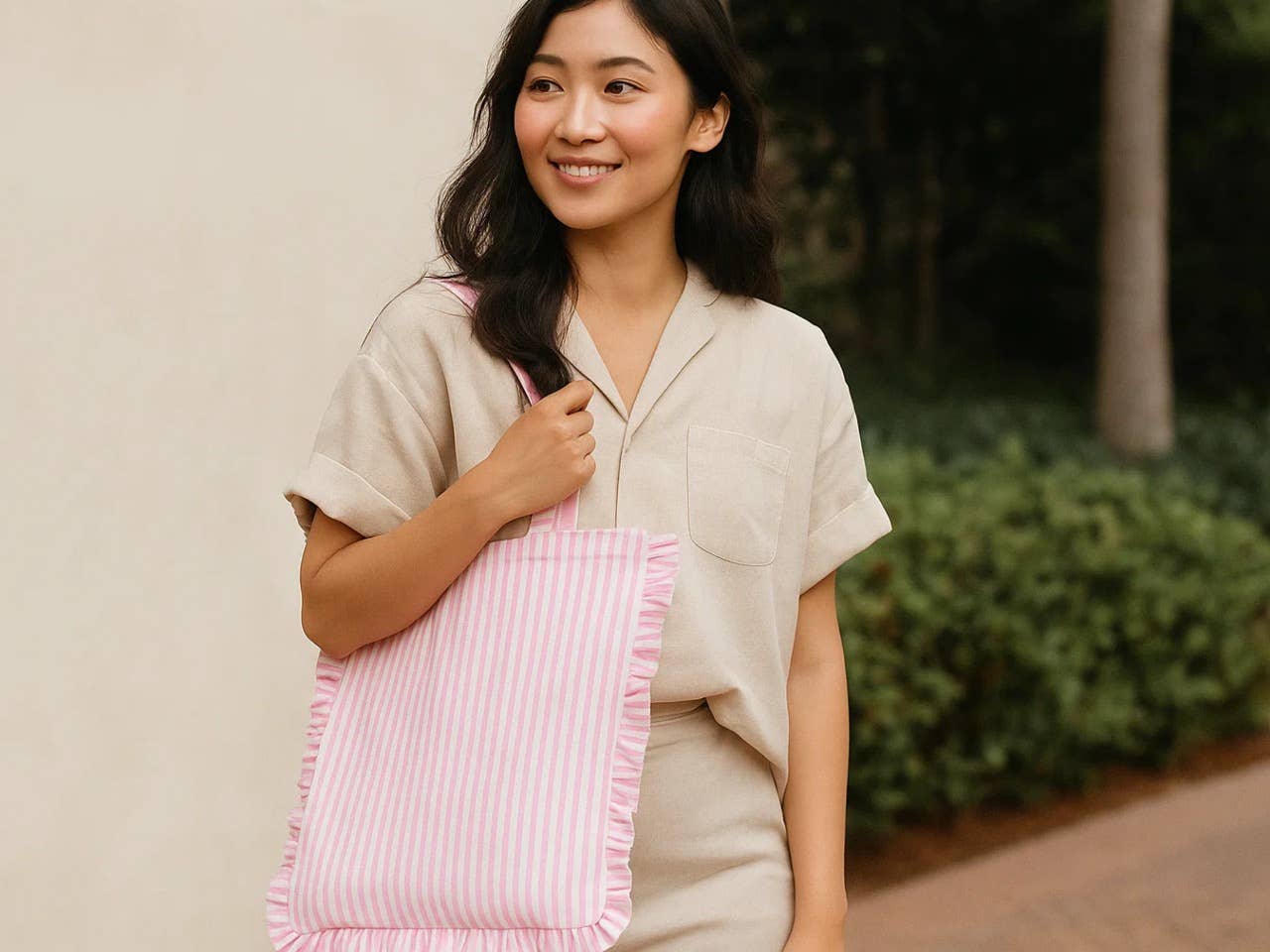 House of Kraft Jewelry & Accessories - Wholesale Tote Bag - Women's - Stripe Ruffle Tote | Canvas Tote Bag | Daily Canvas Tote3