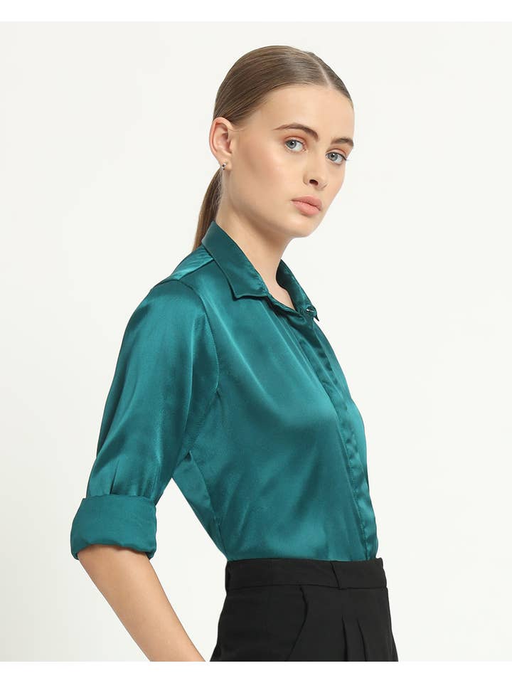Thevasa - Wholesale Button Down Shirt - Women's - Satin Effect Formal Deep Teal Shirt