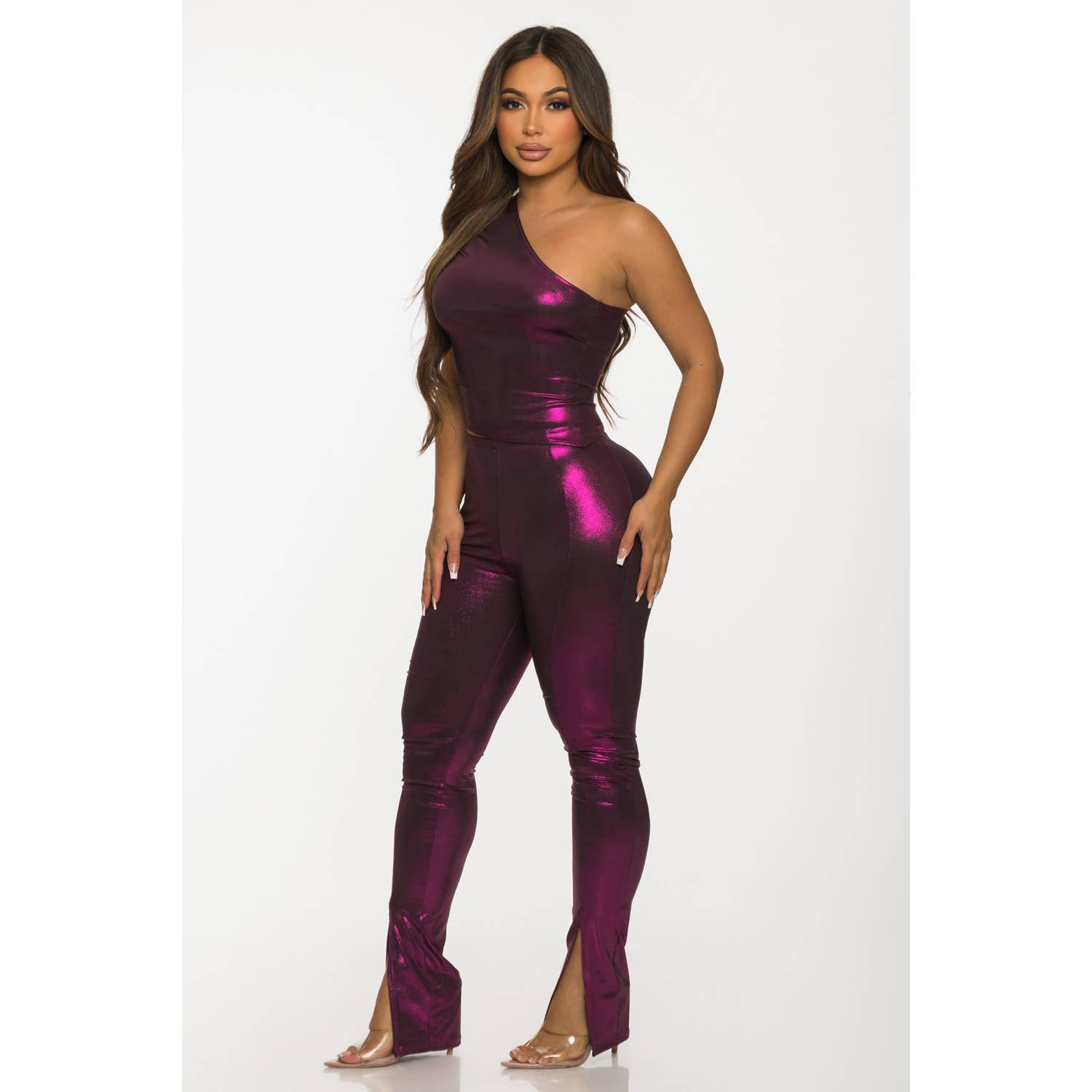 Uptown Apparel – wholesale Top & pants set (NOT Loungewear) – Women's – T6330-B10995 Metallic One Shoulder Top Ankle Slit Leggings3
