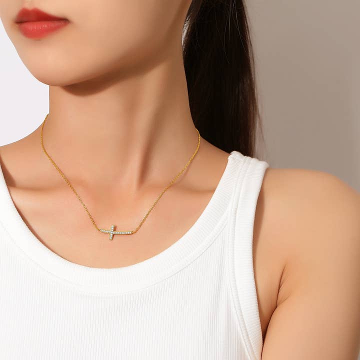 Lavishe Jewelry - Wholesale Pendant/Charm Necklace - 925 Sterling Silver Cubic Zirconia Sideways Cross Necklace4