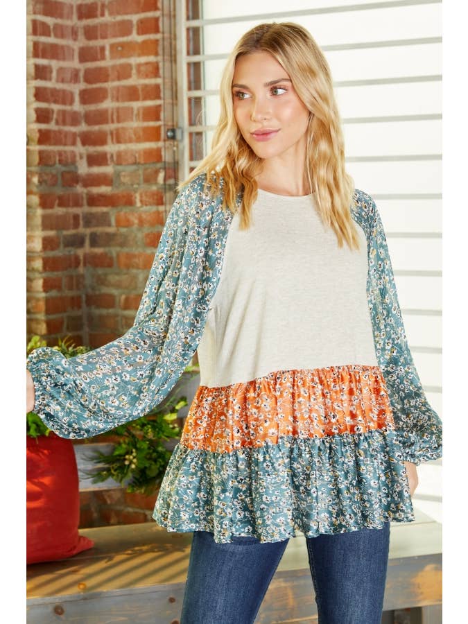 Ivory Floral pattern bubble long sleeve top-LT5640 for wholesale on Faire4