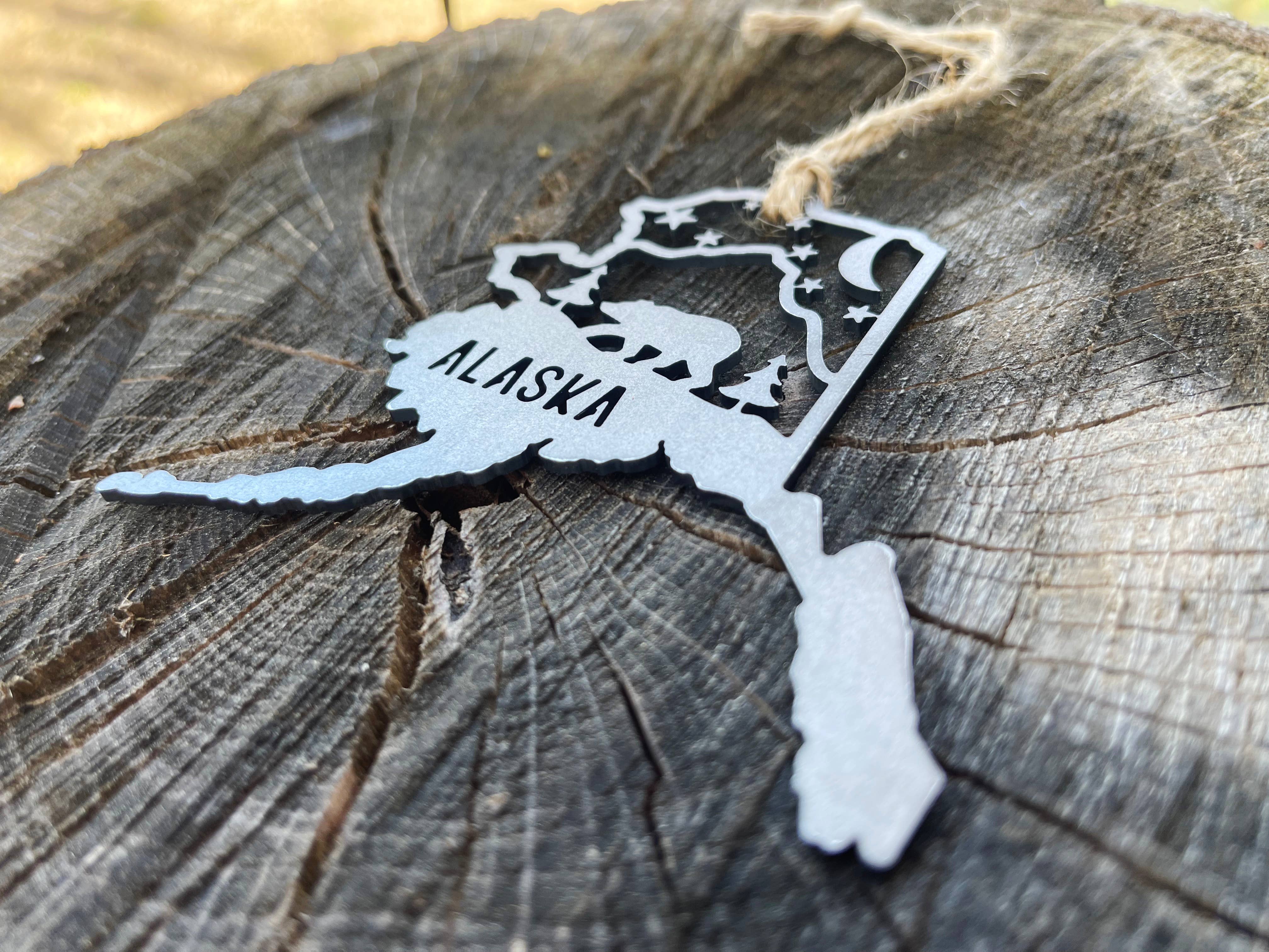 BE Creations & Designs, Inc. - Wholesale Ornament - Alaska State Bear Scene Raw Steel Ornament made in USA *NEW1