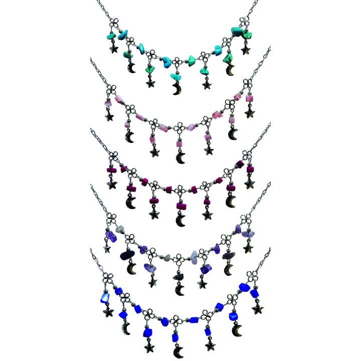 Moon and Star Charm Chip Stone Metal Anklet for wholesale by Pichincha