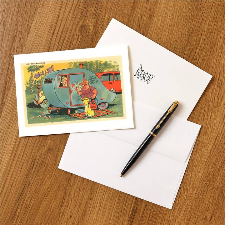 Found Image Press - Vente Assortiments de papeterie/cartes - Carte de vœux RS-200 Arrête de frapper, Humour de voyage, Dessin animé