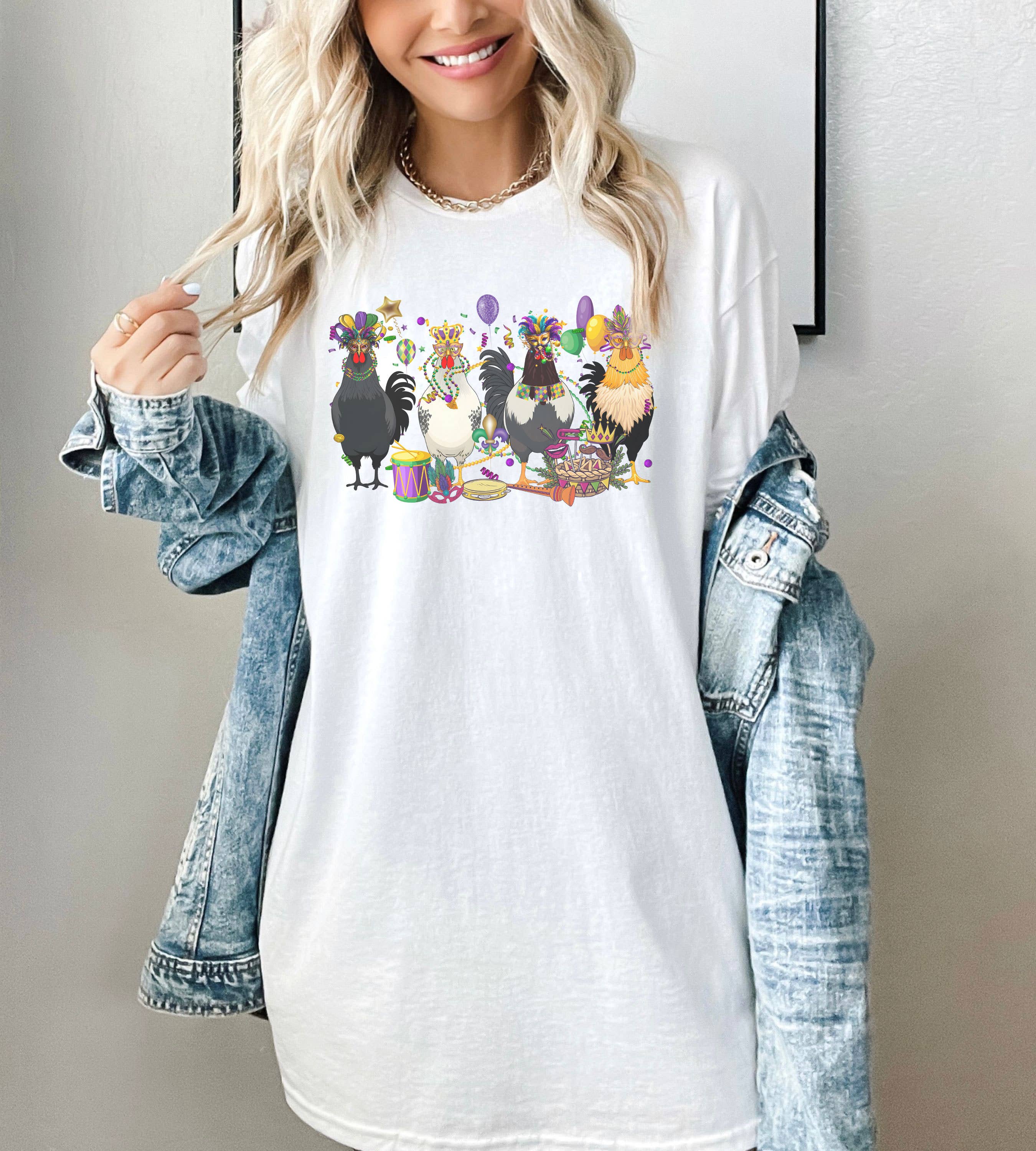 SONDO DESIGN LTD – wholesale Tunic – Women’s – Mardi Gras Chickens Shirt, Mardi Gras Farm Animal Tshirt5