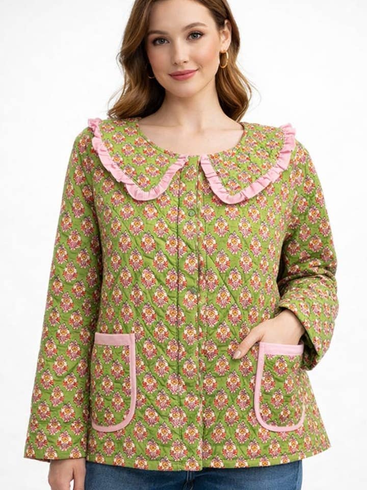 100% Quilted Cotton Reversible Floral Jacket for wholesale by Funky Yak Ltd