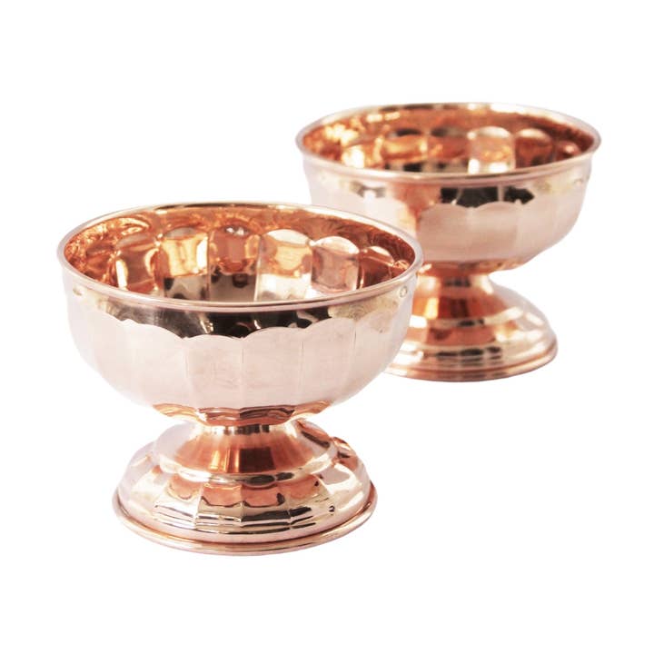 Vintage Inspired Copper Pedestal Bowls with Scalloped Design for wholesale by Coppermill Kitchen LLC