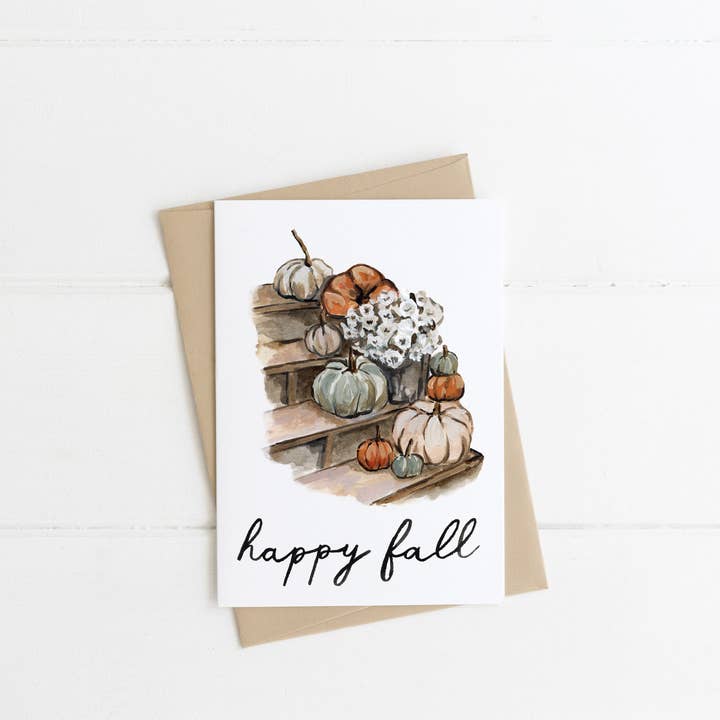 Happy Fall Card, Pumpkins and Mum on Steps for wholesale by The Cranberry Finch