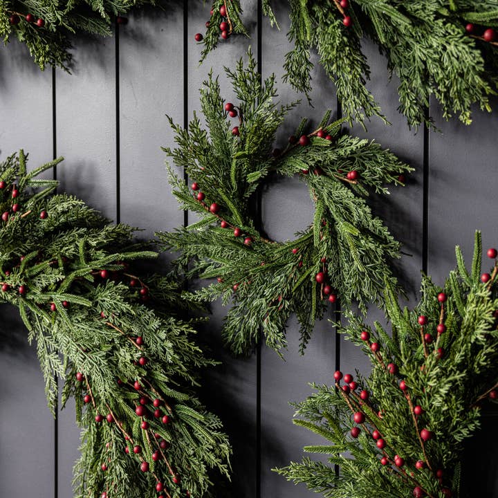 Luxe B Co - Wholesale Wreath - Red Plum Berry Norfolk Cypress Real Touch Wreath - 14"2