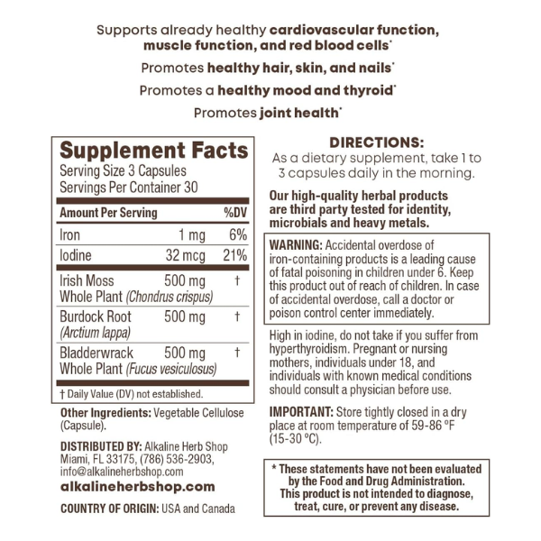 AlchePharma Naturals - Wholesale Oral Supplement/Vitamin - AHS Sea Moss, Burdock & Bladderwrack – Immune & Thyroid, 90c1