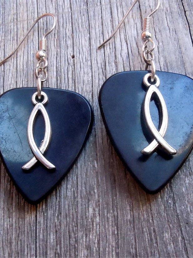 Christian Fish Charm Guitar Pick Earrings for wholesale by Simply Raevyn