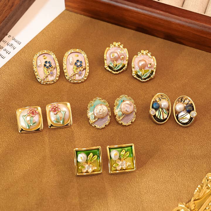 Brincos de Pérolas Barrocas Pintadas à Mão: Arte Floral por atacado de Fabula