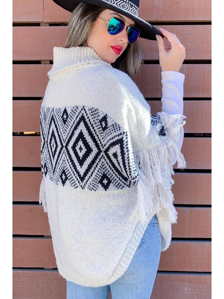 AMOLI - Wholesale Knitted jumper – Women′s - Aztec Printed Turtleneck Fringe Light Weight Soft Poncho3