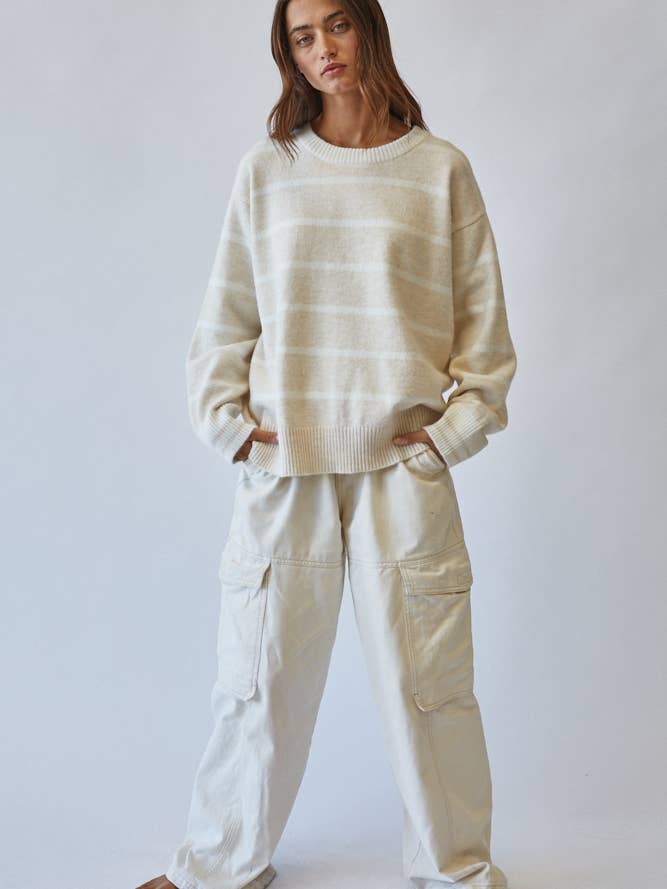 HSW2237-ECRU-Oversized Striped Sweater for wholesale by Creamon