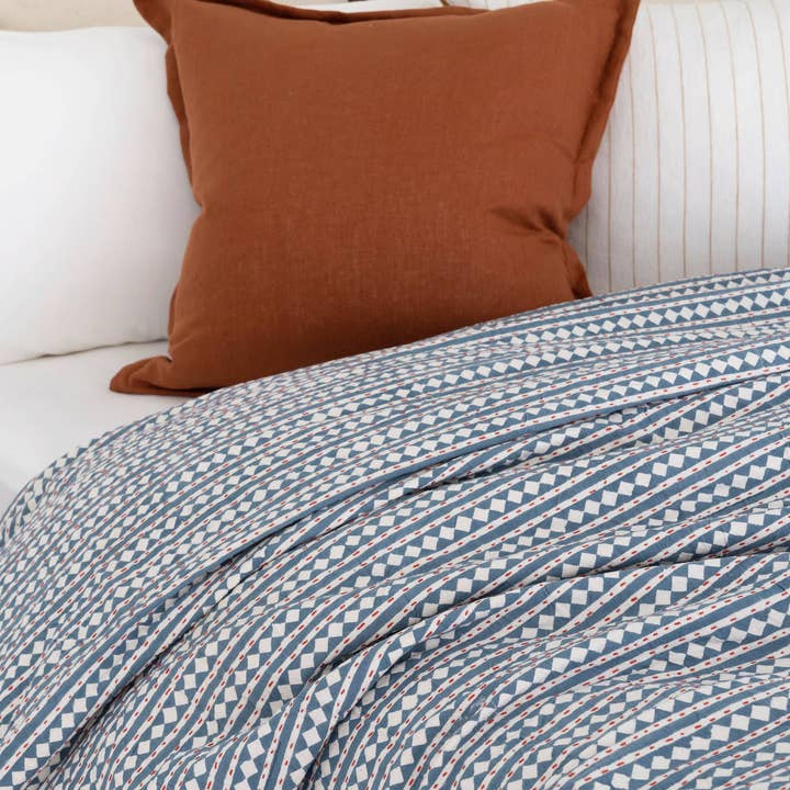 Boho-Eclectica - Wholesale Quilt - Kantha Quilt Indian Block Print Bedspread - White & Blue