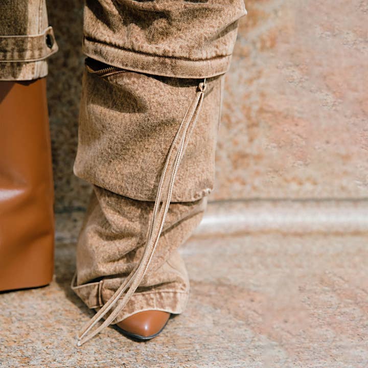 Brown Pocket patchwork jeans straight high waist vintage zipper for wholesale on Faire4