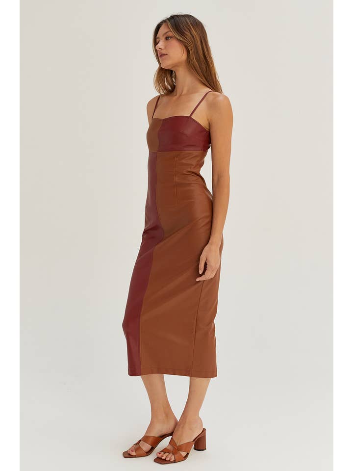 Crescent - Wholesale Dress - Women's - CD8004 - Alix Color Block Vegan PU Midi Dress3