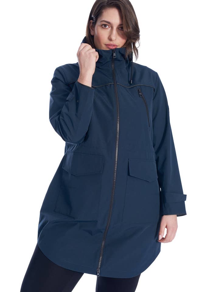 KUSAWA PLUS | WOMEN'S DRAWSTRING RAINCOAT, NAVY (PLUS SIZE) for wholesale by Alpine North US