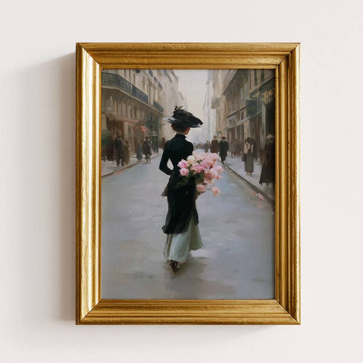French Woman Holding Roses Art Print for wholesale by Paper House Print Shop