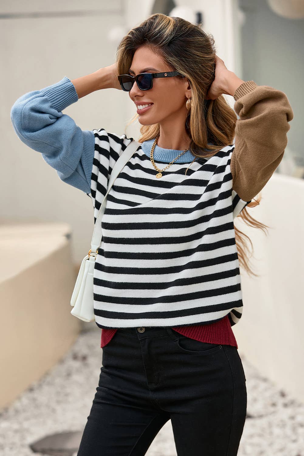 Noir Pull chic à manches rayées en colorblock noir LDC en vente sur Faire3