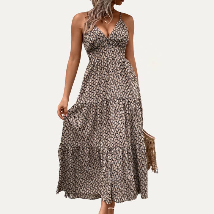 KAKI Robe maxi à bretelles à nouer dans le dos à imprimé abstrait kaki tendance en vente sur Faire