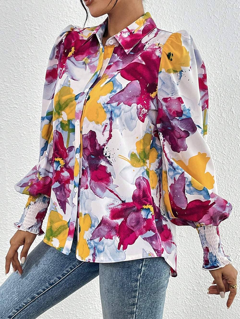 Fashion Combination - Wholesale Button Down Shirt - Women's - priv floral print lantern sleeve shirt9