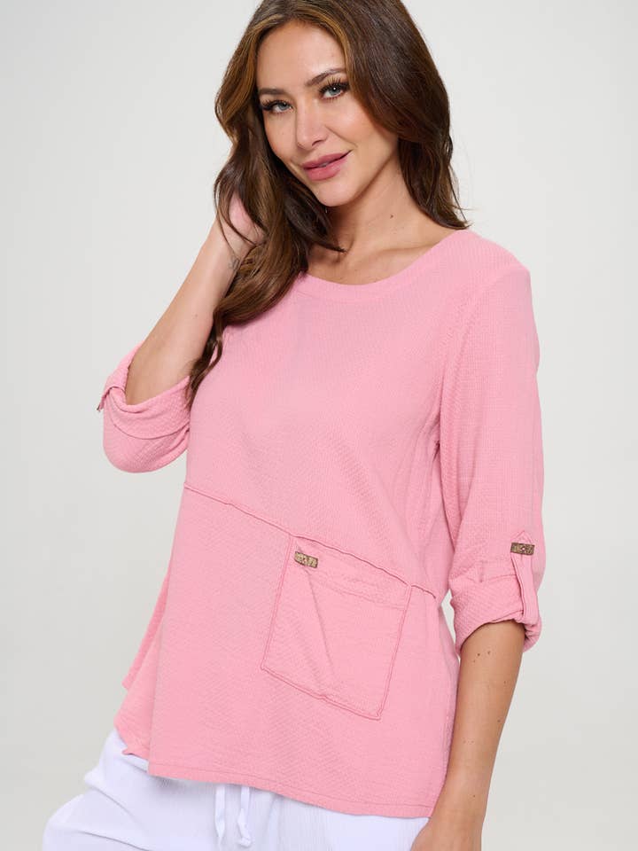 Haut en coton dobby à manches retroussables - Modèle CD213 pour la vente par Focus Fashion