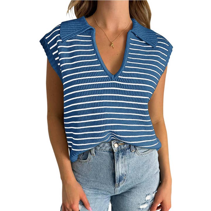 Lovesoft - Wholesale Knit Top - Women's - V-Neck Knitted Top Casual Striped Lapel Sweater